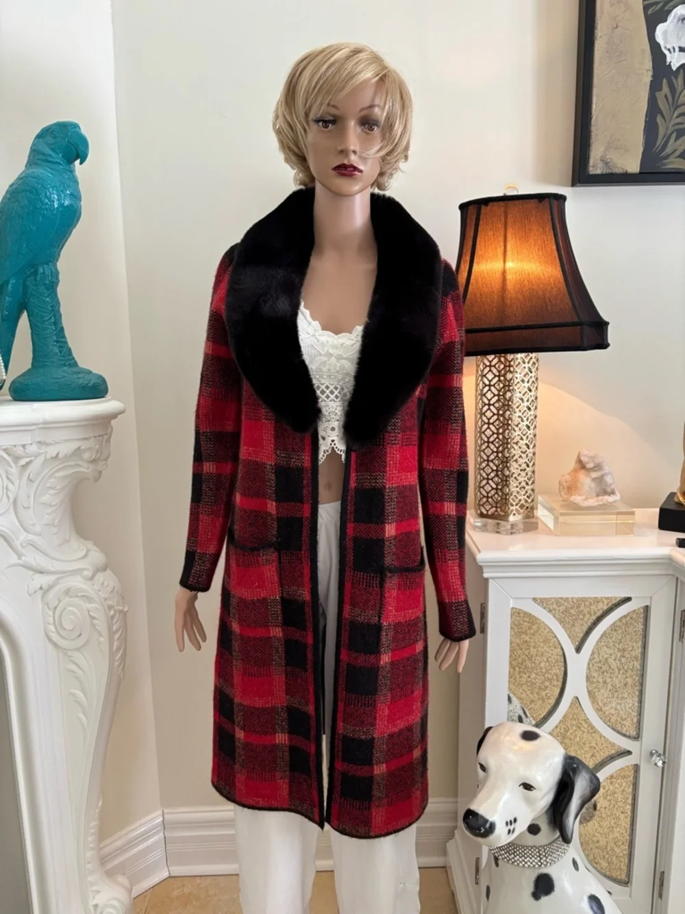 cleo Red and Black Plaid Vest with Black Faux Fur Collar - Picture 2 of 14